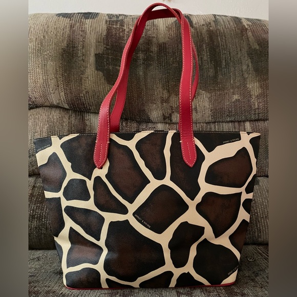 Dooney & Bourke giraffe print tote with red strap. - Picture 2 of 15